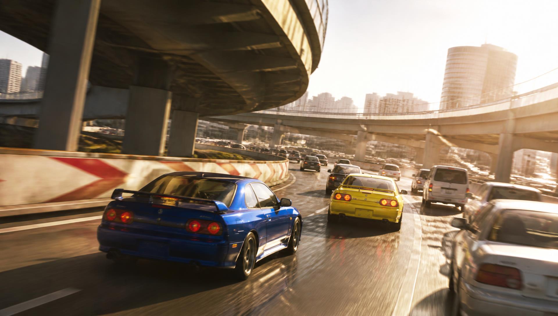 Two Japanese sports cars weaving through daytime traffic on Tokyo's elevated Shutoko highway